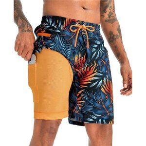2 in 1 Men's Swim Trunks 9 with Zipper Pockets Bathing Suit Built-in Beach Short